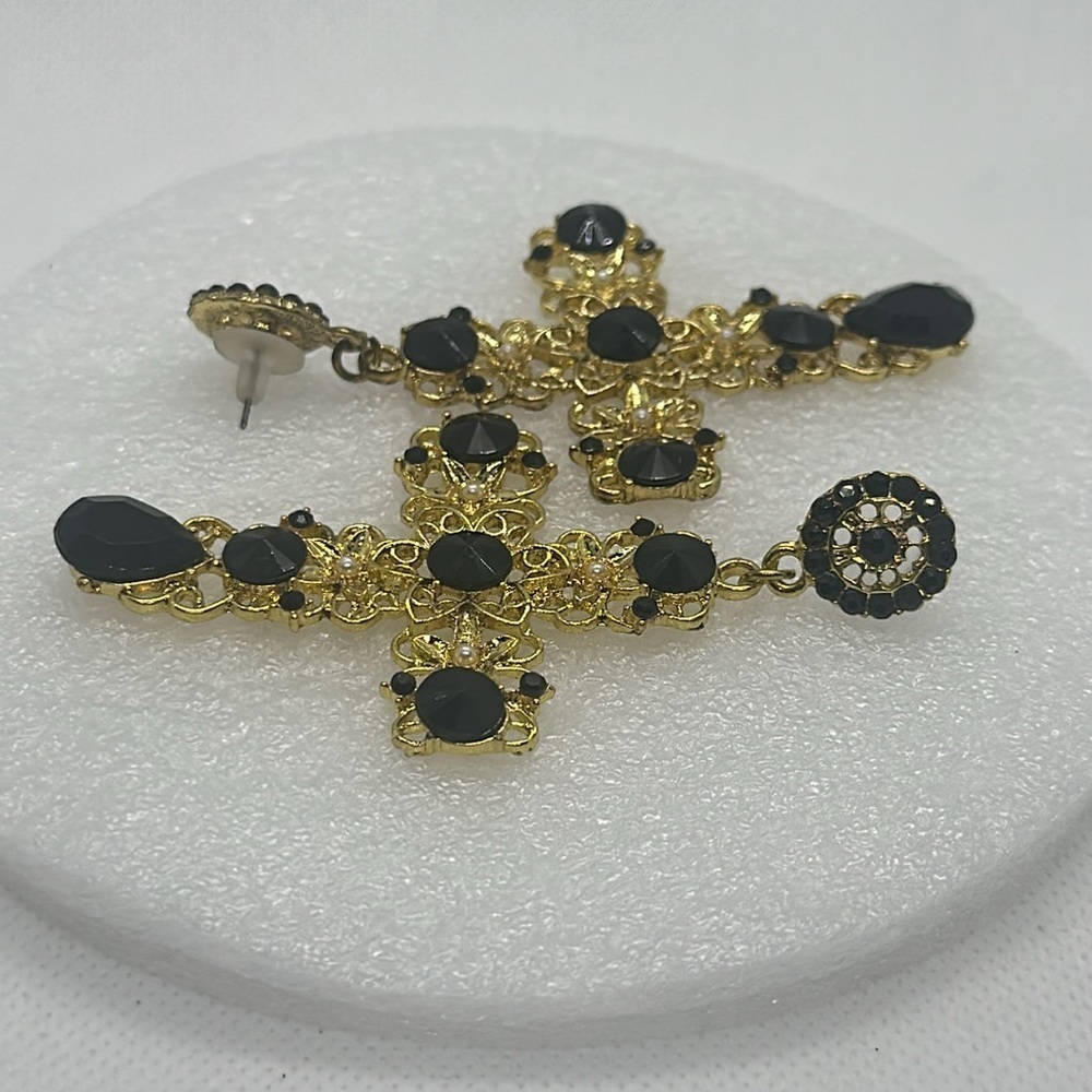 Statement Black & Gold Cross Earrings - Gothic, Victorian, Elegant 3.5" Drop - Picture 8 of 11